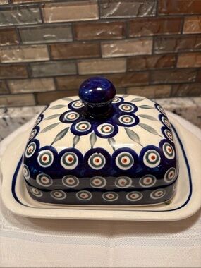 Blue Hand-Painted Ceramic Butter Dish with Polka Floral Pattern